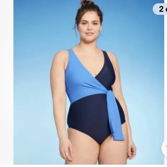 NWT-Kona SOL-S-navy blue/light blue-wrap tie, medium coverage,1 piece swimsuit - Picture 1 of 12